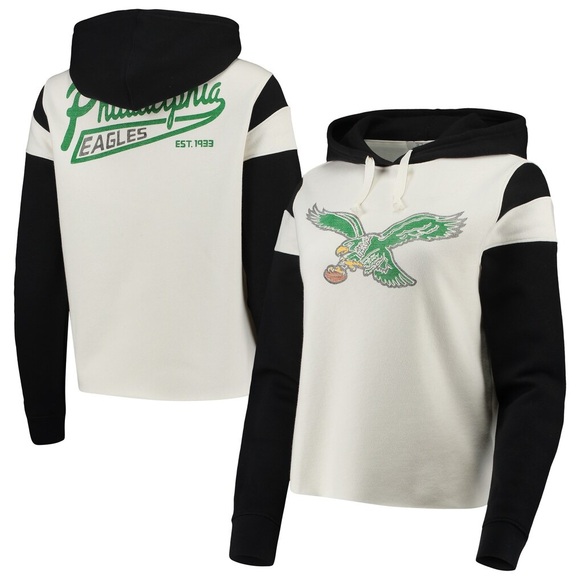 •JUNK FOOD• White & Black Philadelphia Eagles Cropped Fleece Pullover Hoodie - Picture 4 of 7